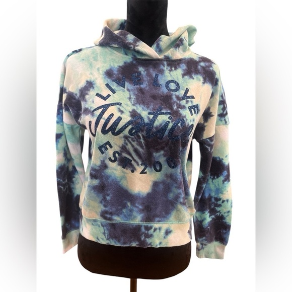 5 FOR $20 Justice Blue Tie Dye Glitter Hoodie Sweatshirt Big Girls Kids Sz Large - Picture 1 of 6